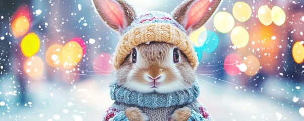 A cute rabbit in a knitted hat and sweater enjoying the snow against a winter street backdrop with colorful lights.