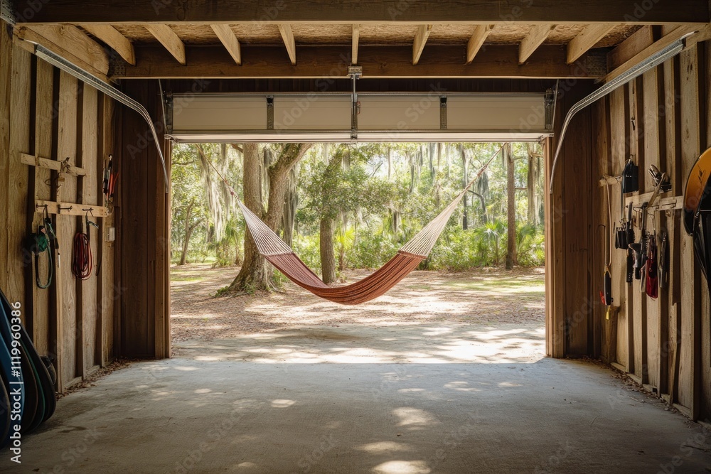 Poster a serene garage view featuring a hammock and a natural backdrop.