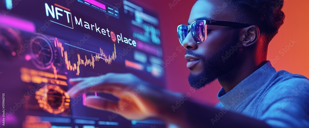 Aufkleber A person interacting with a digital interface showcasing NFT marketplace data.