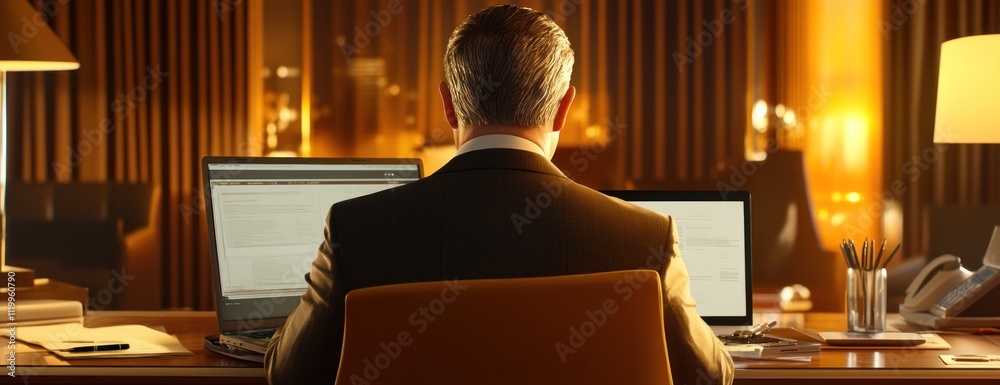 Aufkleber A professional person working at a desk with multiple screens in a warmly lit office.