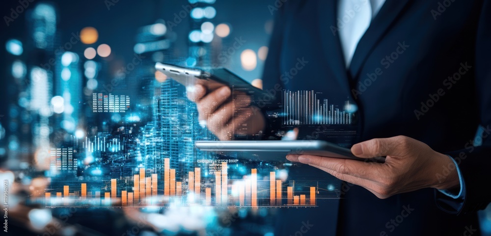 Poster A professional holding devices with digital data overlay in a cityscape.