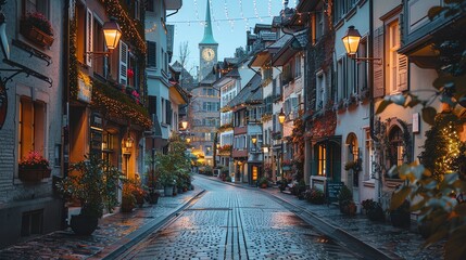 Naklejka premium Cobblestone street in historic European city at dusk, illuminated with warm lights and Christmas decorations.