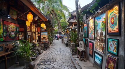 Naklejka premium Cobblestone street lined with art galleries and shops.
