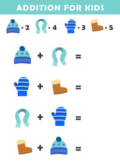 Obraz premium Winter activity sheet. Addition for Kids. Fun Math Logic Puzzles for Kids. Math Game with Cute Winter Clothing Pictures. Math Activities for Children.