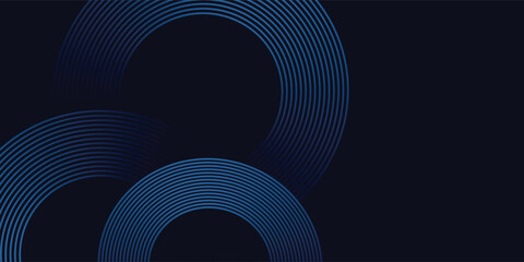 Abstract blue glowing geometric lines on dark blue background. Modern shiny blue circle lines pattern. Futuristic technology concept. Suit for cover, poster,