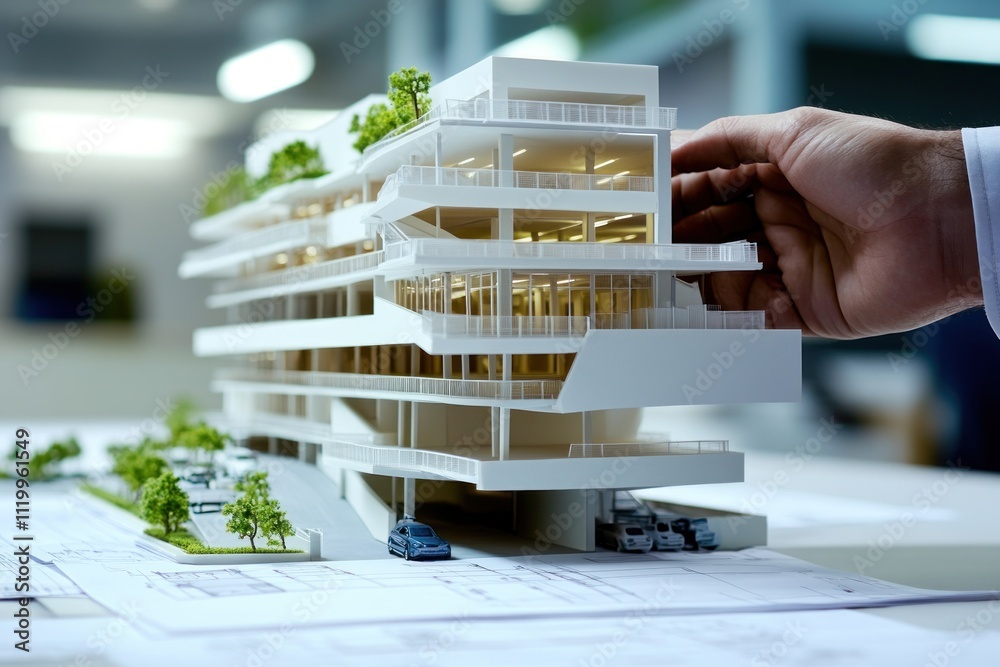 Poster a hand adjusts a detailed architectural model of a modern building with greenery.