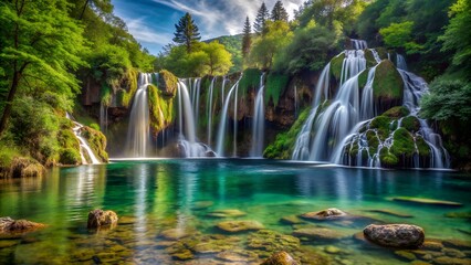 Fototapeta premium Cascading Splendor: Tranquil Forest Waterfalls in the Wilderness