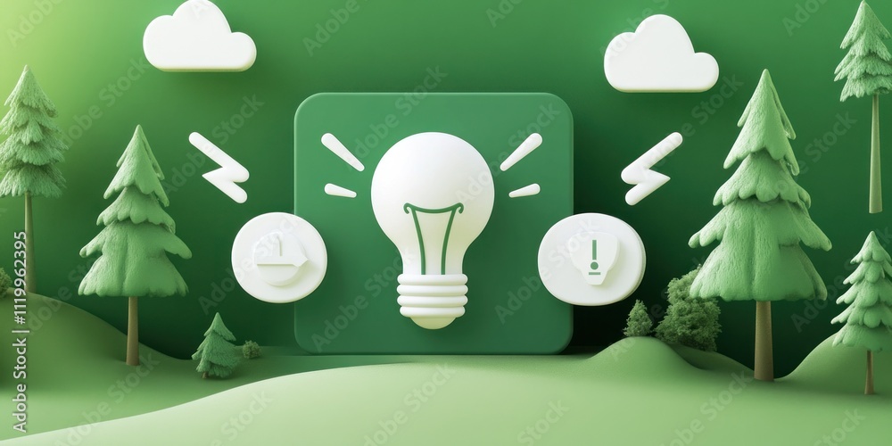 Aufkleber a 3d illustration featuring a light bulb amidst trees and clouds, symbolizing ideas and innovation.