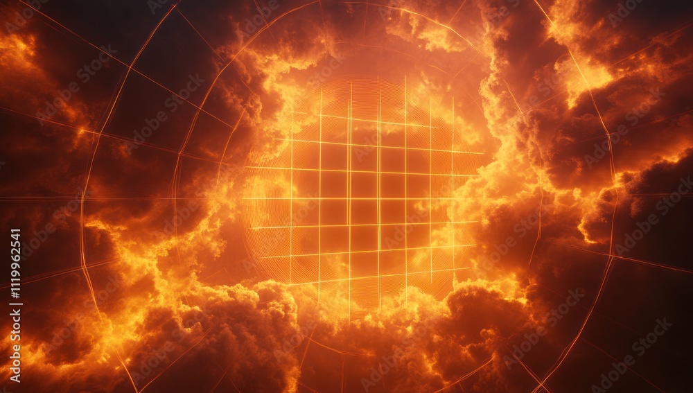 Poster A fiery, abstract scene depicting a glowing grid surrounded by swirling clouds.