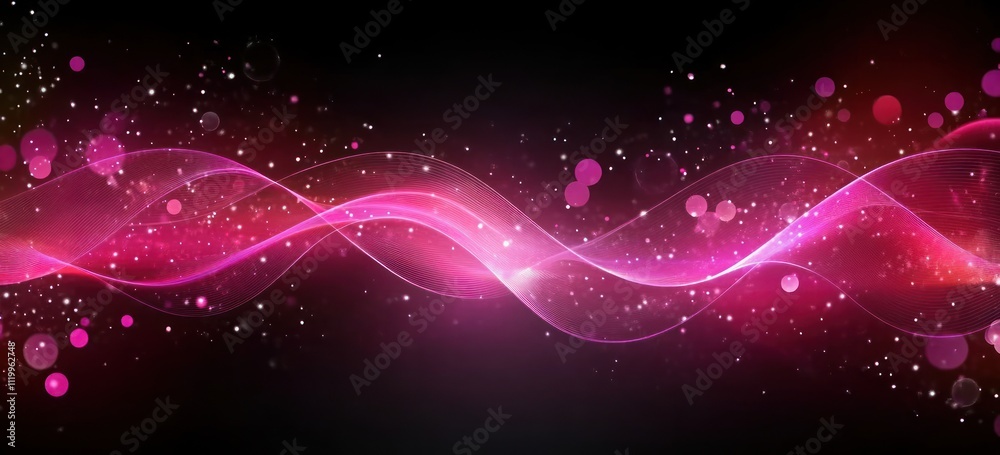 Poster A vibrant abstract design featuring flowing pink waves and sparkling elements against a dark background.