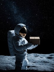 Astronaut delivers a parcel on the lunar surface in a symbolic act of exploration