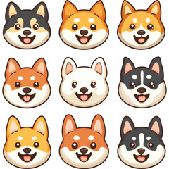 Fototapeta premium Cute Cartoon Shiba Inu Avatars Set - Diverse Expressions and Fur Patterns