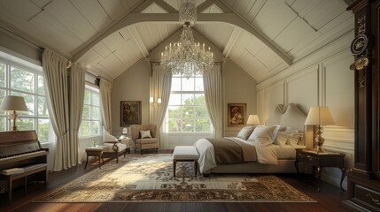 interior of a hotel room with beautiful bed and furniture inside it besides a beautiful background experience 