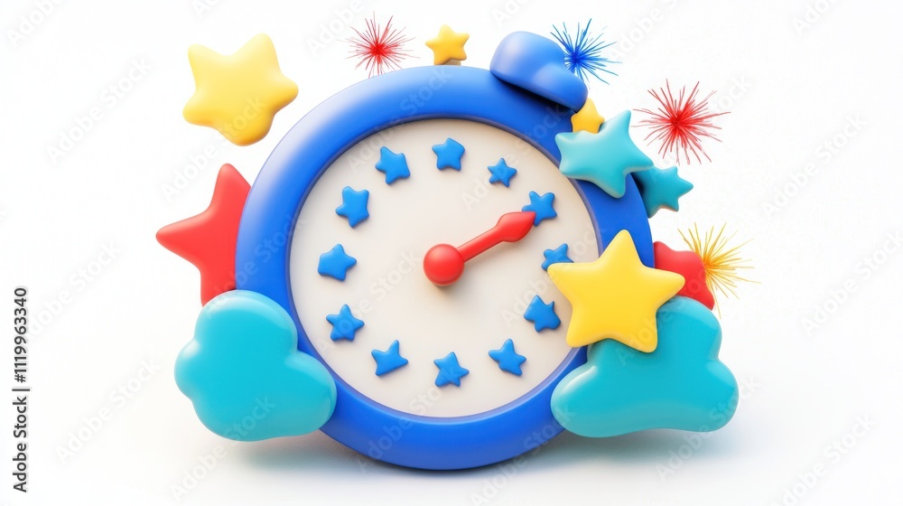Aufkleber a colorful, playful clock surrounded by stars and clouds, symbolizing fun and imagination.