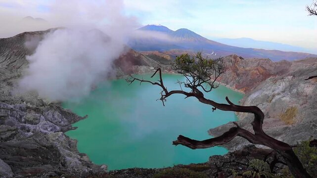 Breathtaking panorama of the Ijen crater with acid lake in Java island Indinesia