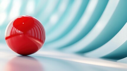 A single vibrant red sphere lies against a smooth blue backdrop with gentle curving lines, representing simplicity and abstract tranquility in a modern space.