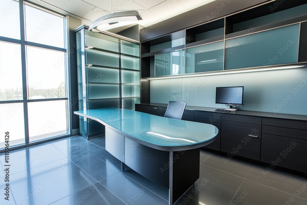 Poster modern office space featuring a sleek desk, storage, and a computer setup.
