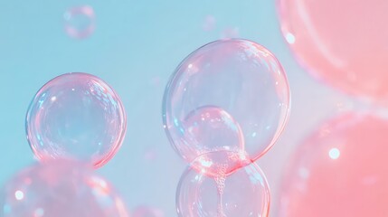 Soft Pink and Transparent Soap Bubbles on Blue Background: Dreamy and Playful Design.