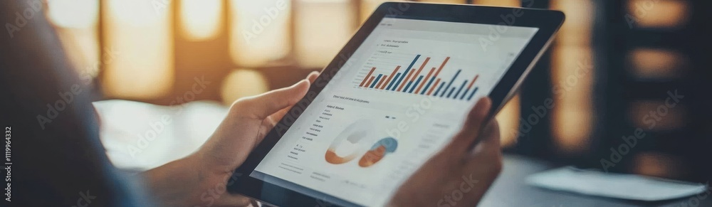 Poster A person analyzing data on a tablet with charts and graphs.