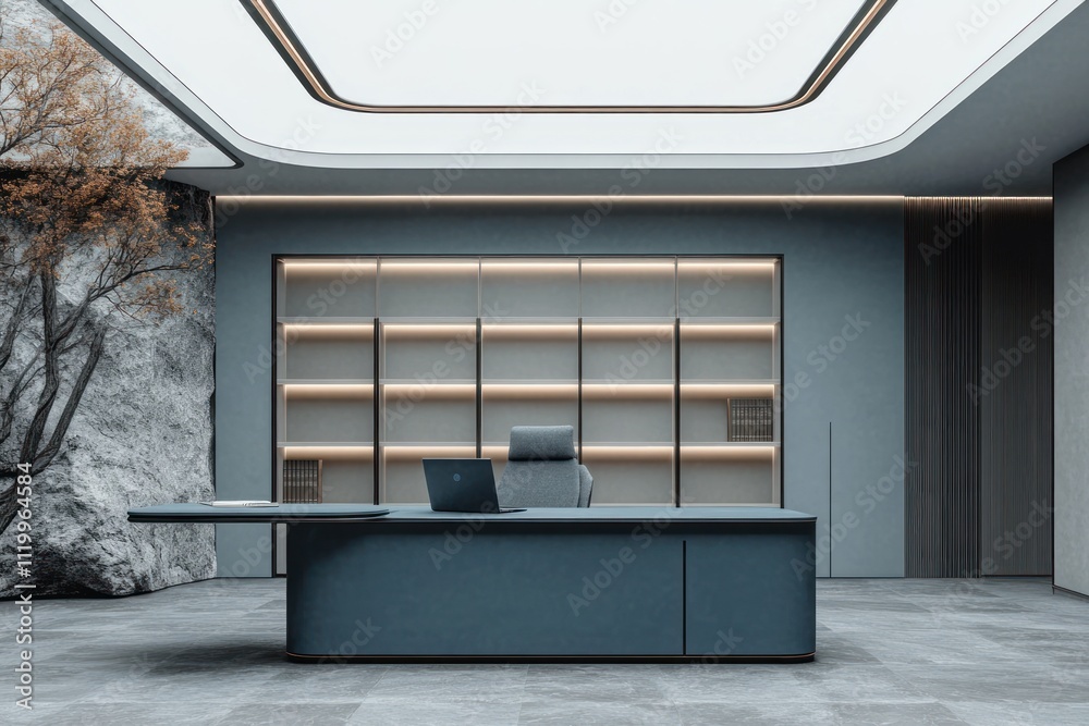 Poster modern office space with a minimalist design and natural elements.