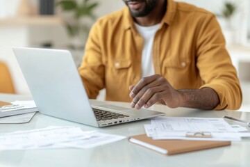 Business owner celebrates successful tax refund at office desk with documents modern workspace personal achievement positive vibes