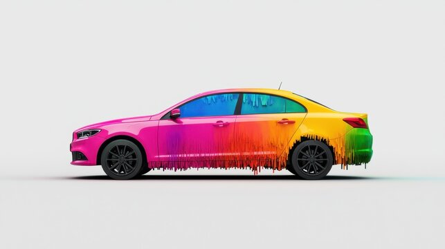 Unique car body work features vibrant color drips in a cheerful design