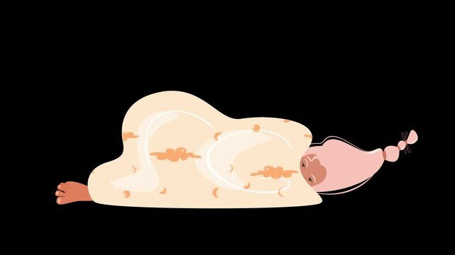 A sleepy girl lying cozily under a blanket adorned with dreamy patterns on a transparent alpha channel.