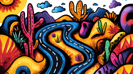Vibrant hand drawn road trip map featuring whimsical landscapes, colorful cacti, and winding roads. Perfect for travel enthusiasts and adventure lovers