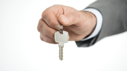 Professional hands over key in business setting during a property transaction