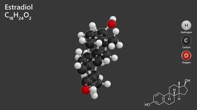 Estradiol or Oestradiol. Estrogen steroid hormone. Animated 3D model of a molecule. Molecular formula: C18H24O2. Chemical model: Ball and stick. Gray background. 3D rendering. Seamless loop.
