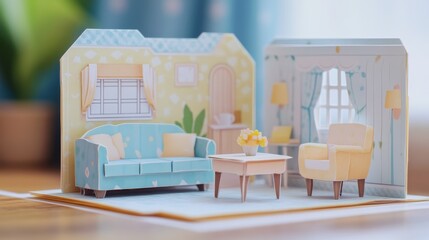 Obraz premium Whimsical Pastel Paper Dollhouse with Adorable Living Room Set in Softly Blurred 3D Environment