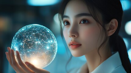 Naklejka premium A woman is holding a glowing orb in her hand. Generative AI