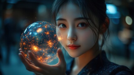 Naklejka premium A woman is holding a glowing orb in her hand. Generative AI