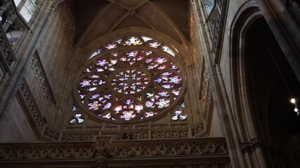 A stunning rose window featuring a kaleidoscope of stained glass artwork, symbolizing spiritual harmony and cosmic order. The intricate patterns of geometric and floral shapes blend into a radiant cen - Powered by Adobe