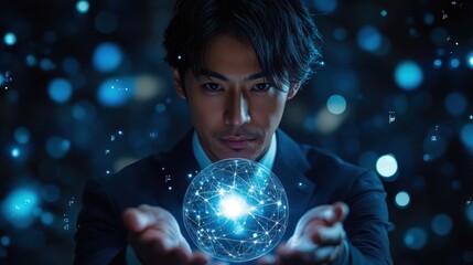 Naklejka premium A man is holding a glowing sphere in his hand. Generative AI
