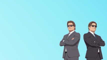 Confident business partners standing back to back in a bright, clear sky setting