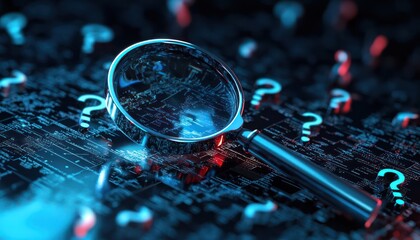 A digital search interface with a magnifying glass icon and surrounding question marks, representing the quest for online information.