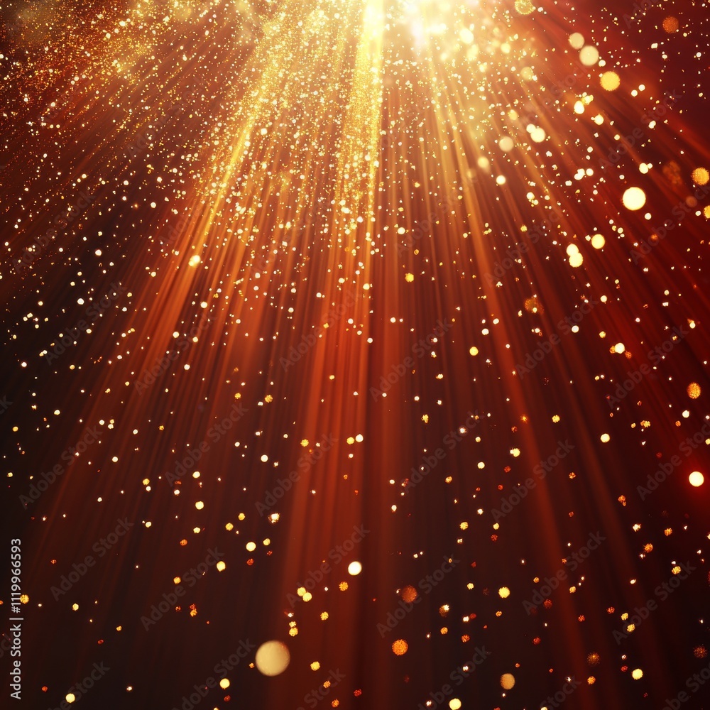 Poster scene futuristic neon glowing gold light ray with on red background and lighting sparkle. vector ill
