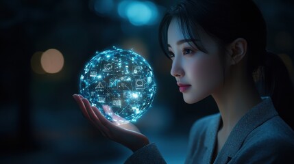 Naklejka premium A woman is holding a glowing ball in her hand. Generative AI