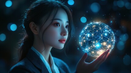 Naklejka premium A woman is holding a glowing sphere in her hand. Generative AI