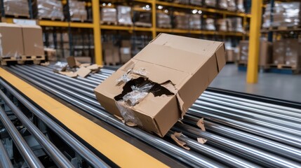 Damaged package on futuristic conveyor belt in warehouse during busy sorting operation