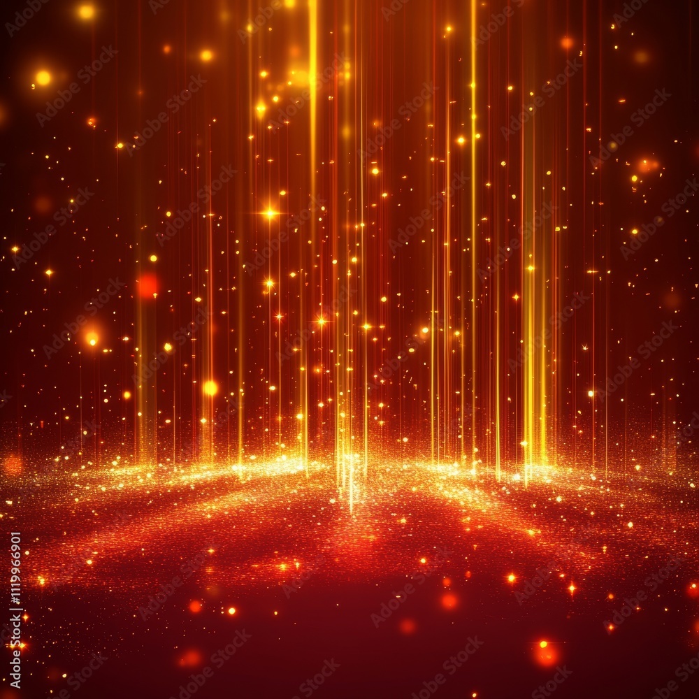 Poster scene futuristic neon glowing gold light ray with on red background and lighting sparkle. vector ill