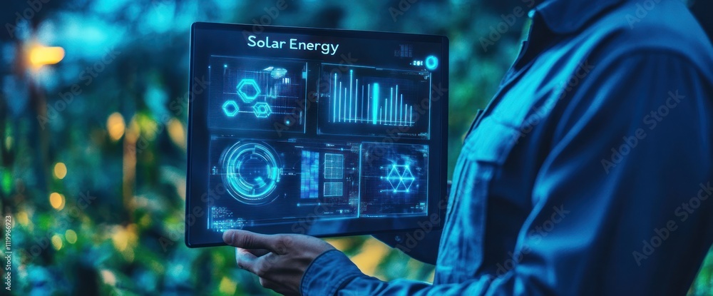 Poster a person holding a digital display showcasing solar energy data and analytics.