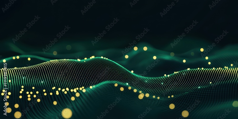 Poster flowing stream of green and yellow binary code creates a dynamic visual representation