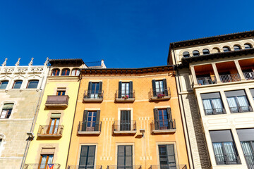 Colorful old houses along the Plaza Mayor de Vic square in Vic, Barcelona, Catalonia, Spain, Europe