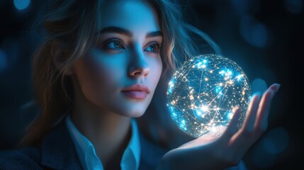 Naklejka premium A woman is holding a glowing sphere in her hand. Generative AI