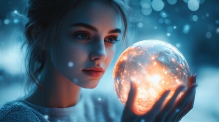 Naklejka premium A woman is holding a glowing ball in her hand. Generative AI