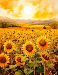 Fototapeta premium Bright sunflower field with watercolor textures and warm golden tones 