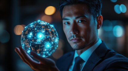 A man is holding a glowing ball in his hand. Generative AI