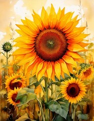 Obraz premium Bright sunflower field with watercolor textures and warm golden tones 